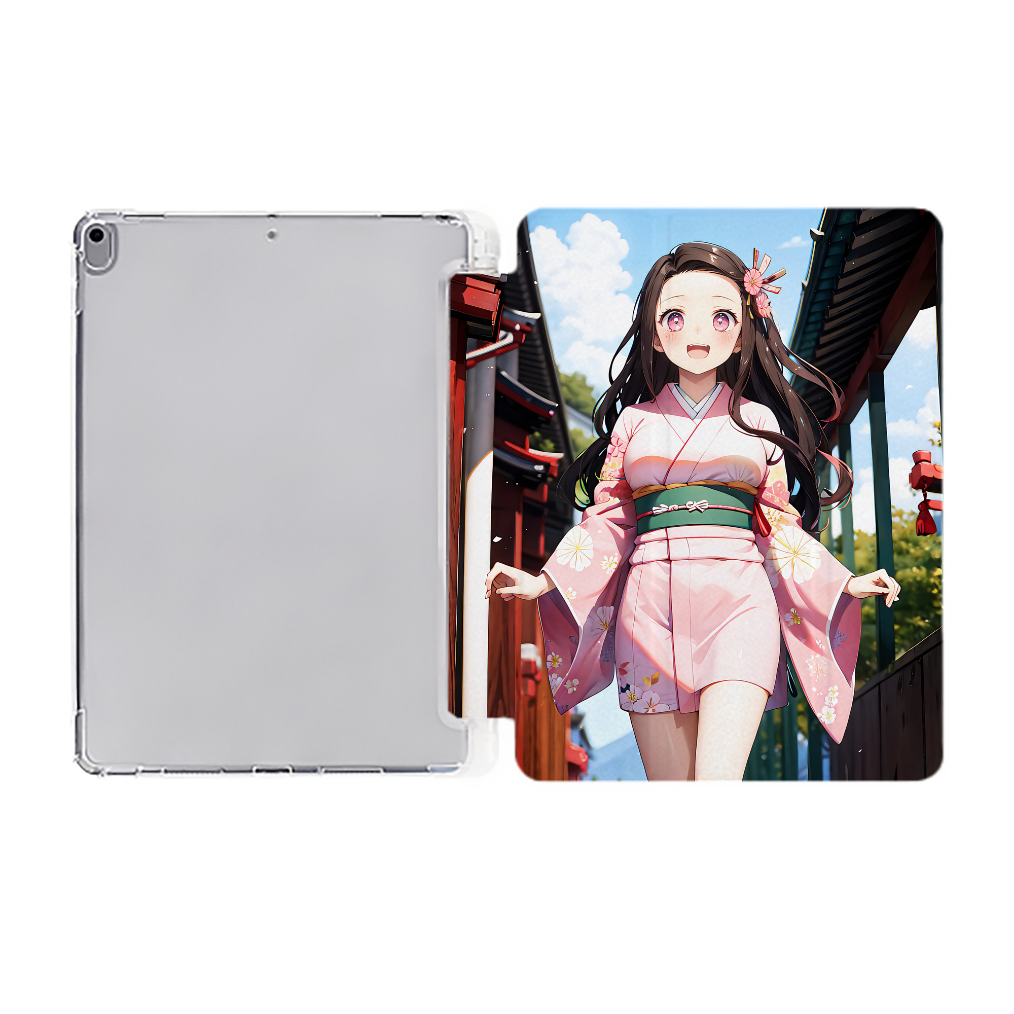 （画像用） 鬼滅の刃（きめつのやいば）竈門 禰󠄀豆子／かまど ねずこ Kamado Nezuko IPad ケース ペン収納付き 三つ折りスタンド PUレザー×シリコン 対応機種9.5/10.5/10.9インチ